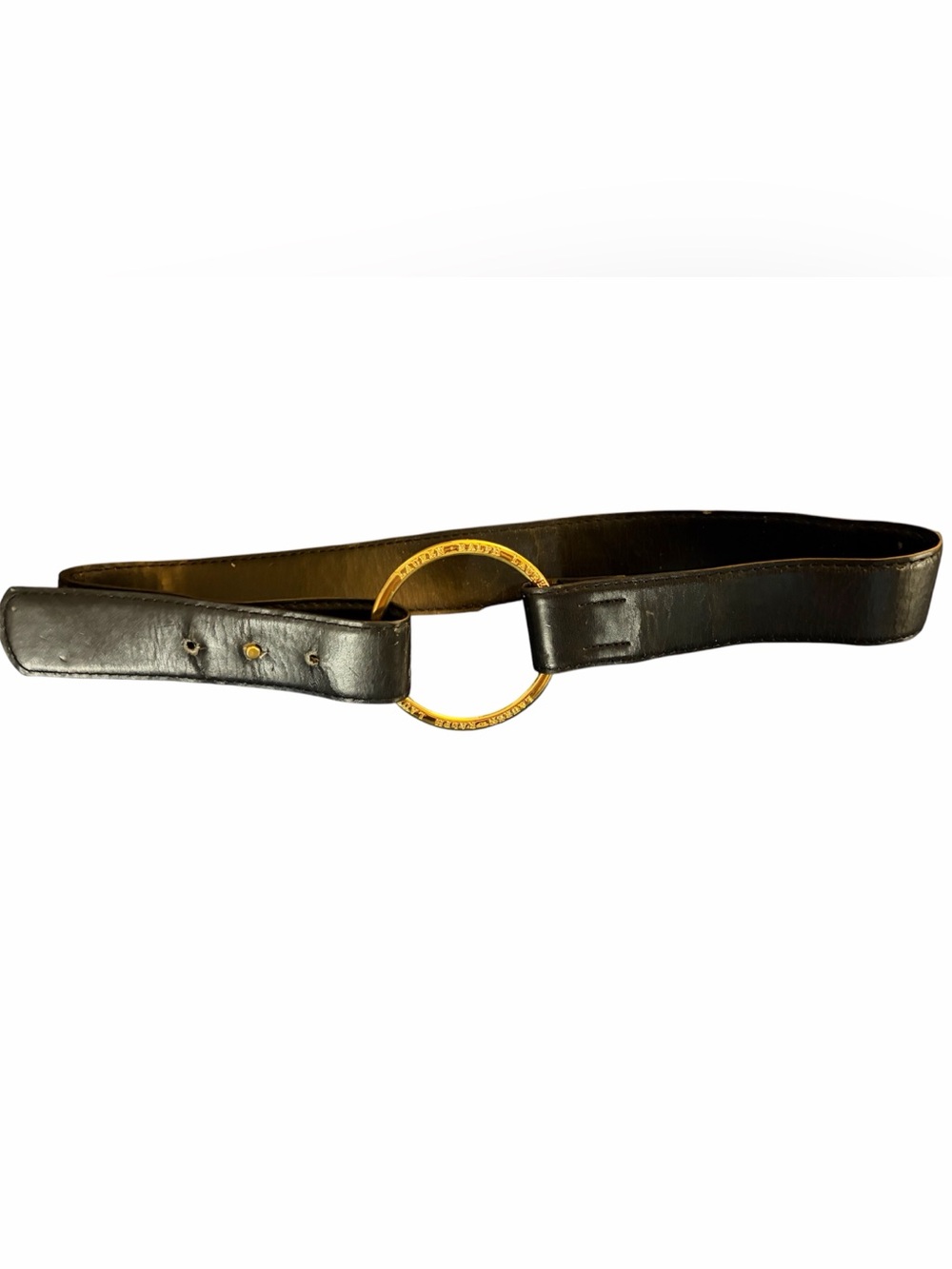Vintage Lauren Ralph Lauren Black Leather O-Ring Belt - Gold Engraved Buckle